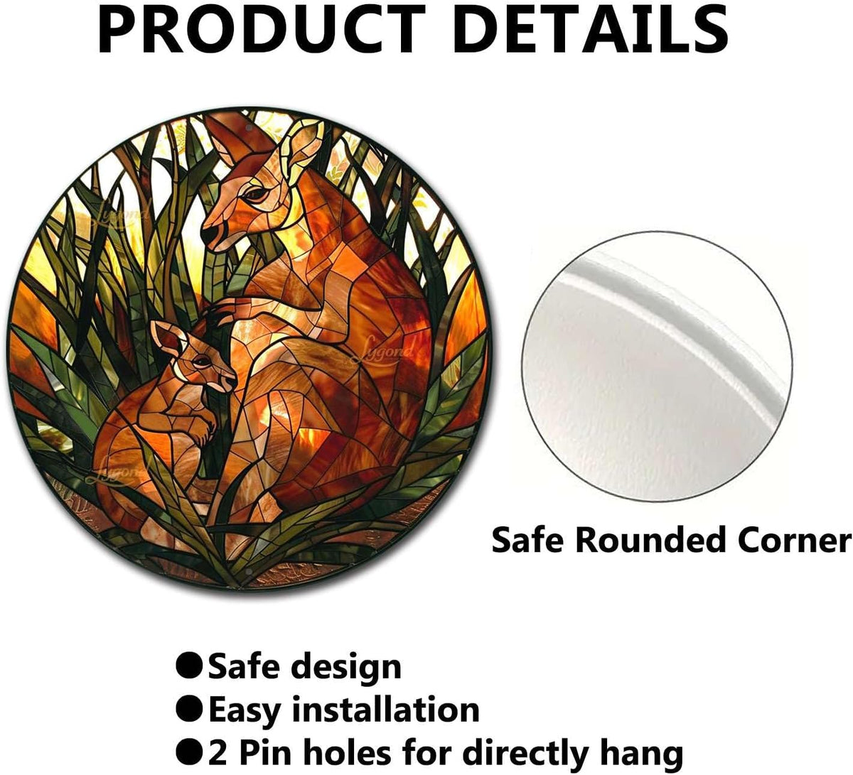 Lygond Metal Sign Tin Sign Circular Stained Glass Kangaroo Funny Bathroom Decor For Club 8×8 Inches