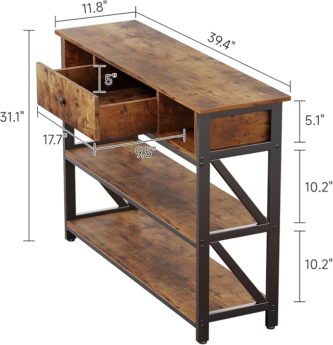 Mexin 39 Inch Console Sofa Table with Drawer, Entryway Table with Storage Shelves, Industrial Wood Hallway Table for Living Room Couch Foyer Kitchen Counter, Rustic Brown