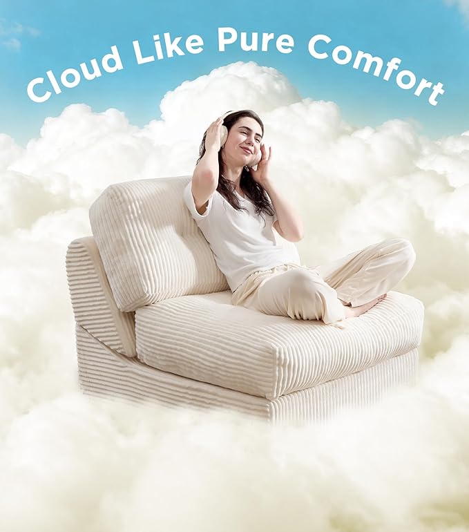 Tbfit 35.8‘’ Oversized Folding Sofa Bed, Convertible Sleeper Chair with Adjustable Back, Corduroy Folding Couch Bed, Portable & Foldable Mattress Boneless Floor Sofa for Living Room, Bedroom, White