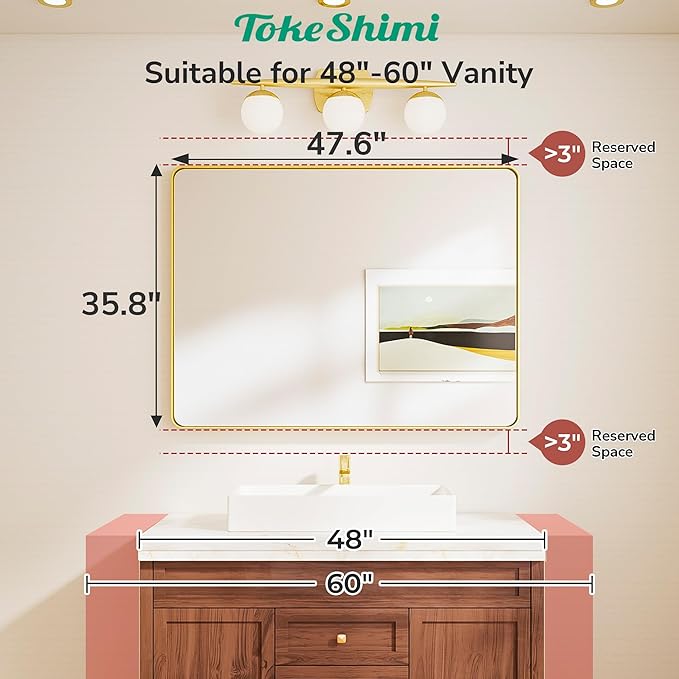 TokeShimi 48x36 Brushed Nickel Bathroom Mirror