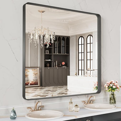 LOAAO 40X38 Inch Black Metal Framed Bathroom Mirror