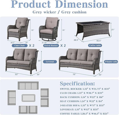 Belord Outdoor Wicker Furniture Patio Set - 7 Piece Backyard Furniture Grey Rattan Conversation Sets with Swivel Rocker Chairs, Rattan Sofa, Club Chairs and Coffee Table, Grey Cushion
