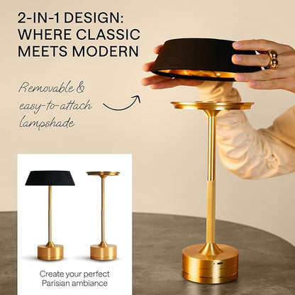 LED Cordless Table Lamp - Rechargeable Light for Home, Bedside, Kitchen - Small Dimmable Tap Lights - Battery Powered Touch Lamp for Desk Wireless - Black and Gold Lamp Shades, IP44, USB Type C Cable