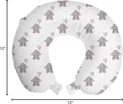 Ambesonne Animal Cartoon Travel Pillow Neck Rest, s Holding Heart Shaped Pink Balloons Girlish Design, Memory Foam Traveling Accessory for Airplane and Car, 12", Pink White