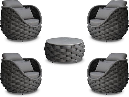 Erotr Front Porch Furniture 5 Piece Set: Aluminum Woven Rope Patio Conversation Sofa Set - Assembled Accent Chair Cushioned - Outdoor Armchair Couch Set for 400 lbs Deck Backyard Poolside Garden Hotel