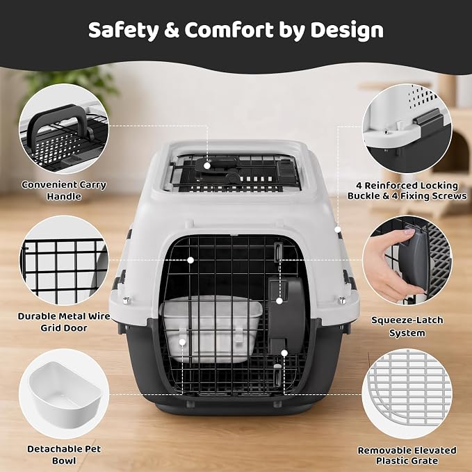 Athena Collection 23" Hard-Sided Pet Carrier with Food Bowl, Grey | Hard-Sided Protection with Top & Front Door Access, 4-Sided Ventilation for Small Dogs and Cats up to 26 LbS