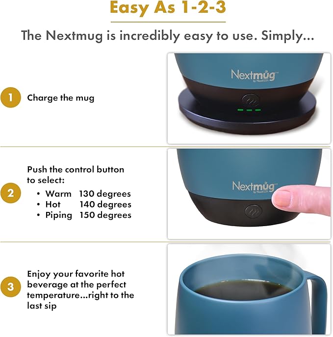 Nextmug Plus Temperature-Controlled, Self-Heating Mug – No App, Long-Lasting