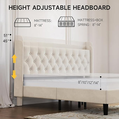 koorlian King Bed Frame, Velvet Adjustable Upholstered Platform Bed Frame with Type-C&USB Ports, Wingback Storage Headboard, Noiseless, Beige