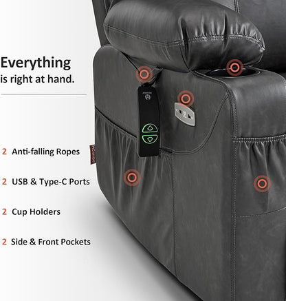 MCombo Electric Power Lift Recliner Chair Sofa with Massage and Heat for Elderly, 3 Positions, 2 Side Pockets, and Cup Holders, USB Ports, Faux Leather 7040 (Grey, Medium)