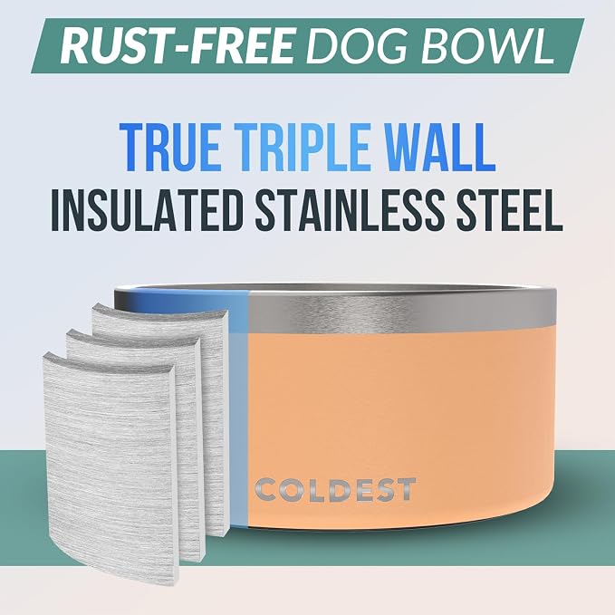 Coldest Dog Bowl - Anti Rust Metal, Non Slip, 3 Layers Insulated Stainless Steel Dog Bowls - Spill Proof & Heavy Duty - Water Bowl for Dogs, Cats & Pets, Dish Washer Safe (200 oz, Sahara Peach)