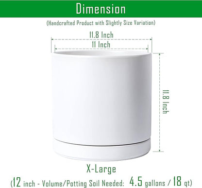 D'vine Dev 12 Inch Ceramic Planter Pot, White, 94-O-F-1 | Modern Cylinder Design, Drainage Hole & Saucer Included, Stable Structure, Elegant Home Accent