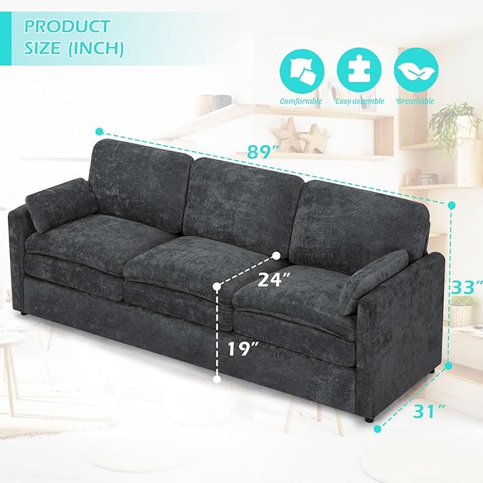 3 Pieces Chenille Sofa Set w/Arm Pillows, Upholstered 2 Pieces Loveseat & 3 Seater Sofa w/Comfortable Back Cushions, Modern 2-Seat & 3-Seat w/High-Density Foam for Living Room, Grey