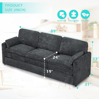 3 Pieces Chenille Sofa Set w/Arm Pillows, Upholstered 2 Pieces Loveseat & 3 Seater Sofa w/Comfortable Back Cushions, Modern 2-Seat & 3-Seat w/High-Density Foam for Living Room, Grey