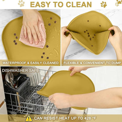 SMILOOL Waterproof Silicone Pet Food Mat with Raised Edge for Dog & Cat | 12" x 12" Non-Slip Small Pet Feeding Mats with Lip for Food & Water Bowl, Food Grade, Easy Cleaning, Honey