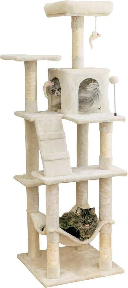 MWPO 63.8 inches Multi-Level Cat Tree for Large Cats with Sisal-Covered Scratching Posts, Padded Platform, Hammock and Condo,Stable Cat Tower Cat Condo Pet Play House-Beige