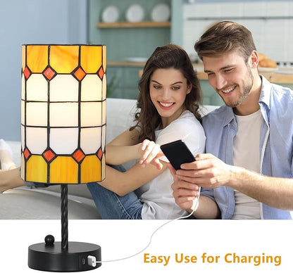 Tiffany Touch Table Lamps, 3 Way Dimmable Tiffany Lamp Set of 2 with Bulbs & USB Charging Port, Stained Glass Lamp for Nightstand, Vintage Desk Lamp for Bedroom, Small Bedside Lamp