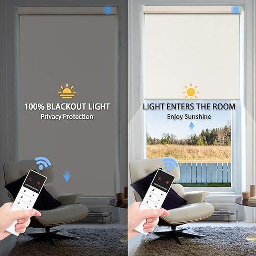 Motorized Blinds with Remote Control, 100% Blackout Cordless Wireless Electric