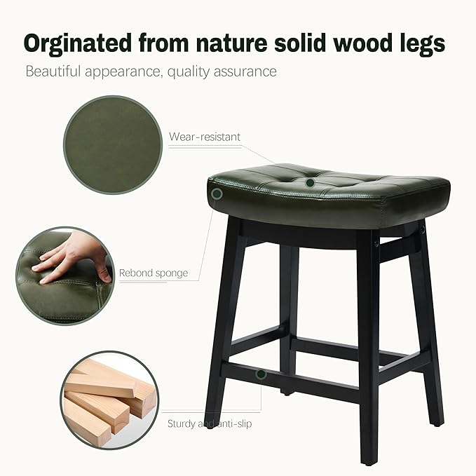 RNKSFX Counter Height Bar Stools Set of 6 for Kitchen Counter Farmhouse Modern Barstools with Faux Leather Upholstered Backless Seat and Solid Wood Legs 24 inch Bar Chairs, Green + Black