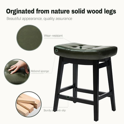 RNKSFX Counter Height Bar Stools Set of 6 for Kitchen Counter Farmhouse Modern Barstools with Faux Leather Upholstered Backless Seat and Solid Wood Legs 24 inch Bar Chairs, Green + Black