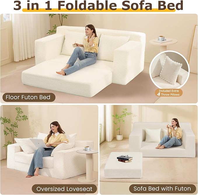 Convertible Sofa Bed, 3 in 1 Loveseat Folding Couch Bed Foldable - Chaise Lounge Chair & Floor Futon Sleeper, Corduroy Pull Out Sofa Bed with 4 Pillows for Living Room, Beige