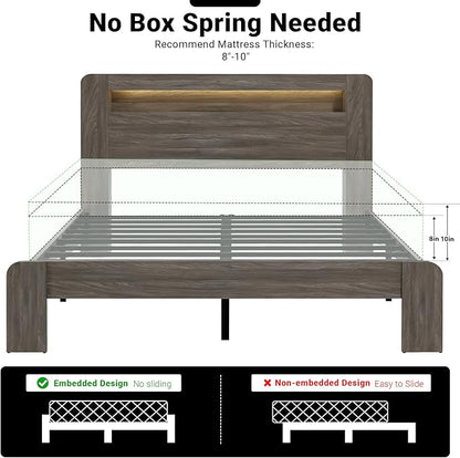 Full Bed Frame with Headboard, Wooden Platform Bed Frame Full Size with Bookcase Shelf, LED Lights, Charging Station, Heavy Duty Supports, No Box Spring Needed,Dark Grey