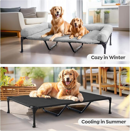 Veehoo Orthopedic Elevated Dog Bed with Fluffy Plush Bolster Cushion, Indoor Raised Dog Beds for Large Dogs, Soft Pet Sofa Cot with Removable Washable Mat, No-Slip Feet, 59 x 37 inches, Grey