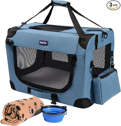 Petprsco Portable Collapsible Dog Crate, 24" Soft Dog Crate for Car Travel | Includes Mat, Blanket & Bowl, Strong Fabric, 4-sided Mesh Vents, 3 Doors, Fit Small Dogs & Large Cats Indoor and Outdoor Use