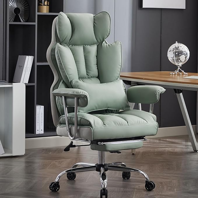 Efomao Big and Tall Office Chair 400lbs - Executive Office Chairs with Footrest, Heavy-Duty PU Leather Computer Chair for Heavy People, Light Green Home Office Desk Chairs