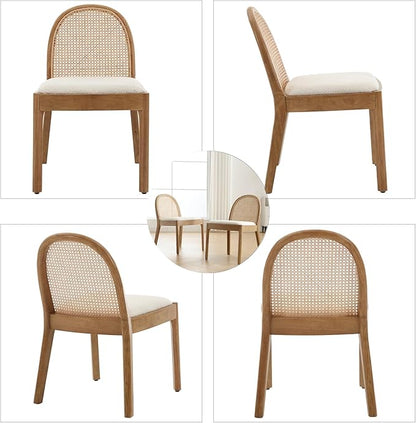 DUOMAY Mid-Century Modern Rattan Dining Chairs Set of 8, Wooden Dining Room Chair with Cane Backrest and Padded Seat, Sherpa Upholstered Dining Chair, Natural Finish, White