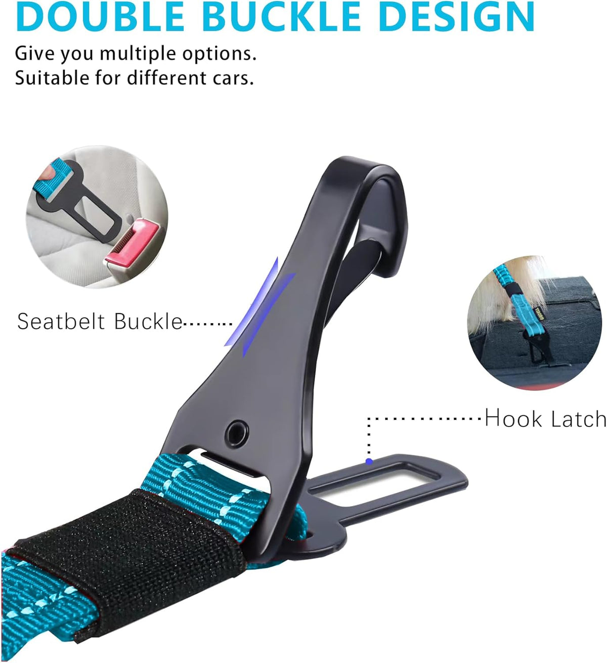 AUBELL Dog Seat Belt for Car,2 Pack Set 3-in-1 Adjustable Reflective Bungee Heavy Duty Dog Car Harness Tether with Clip Hook Latch & Buckle,Swivel Zinc Alloy Carabiner,Black+Blue
