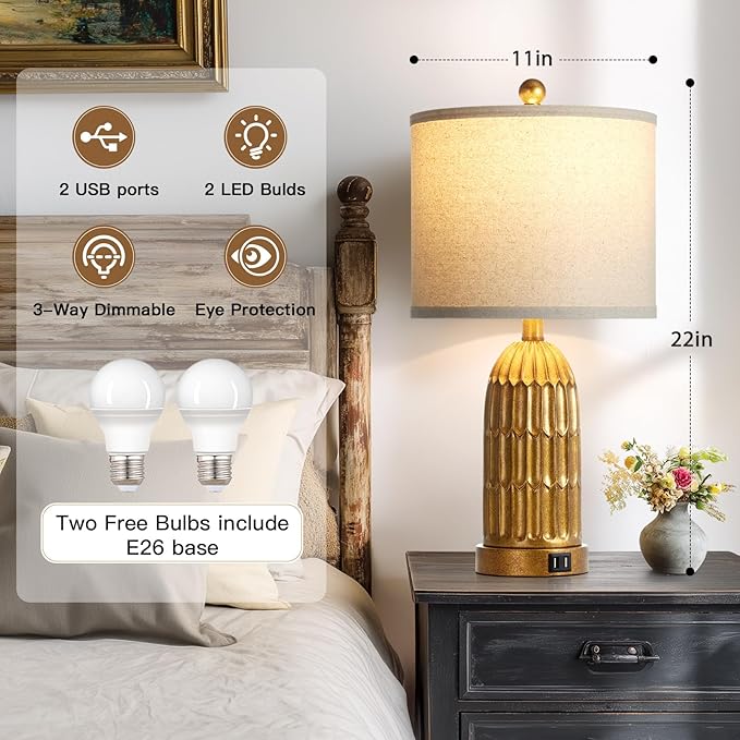 Table Lamps for Bedroom Set of 2, Farmhouse 3-Way Dimmable Touch Nightstand Lamp with 2 USB Charging Ports, Vintage Rustic Traditional Bedside Lamp for Living Room End Table