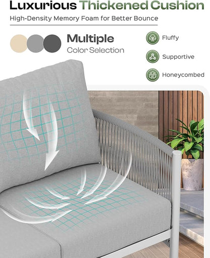 Aluminum Outdoor Sofa Armchair, HDPE Rope Patio Couch with Washable Thick Cushion, All-Weather Outdoor Patio Chairs Set of 2 for Balcony, Yard, Silver Frame, Silver