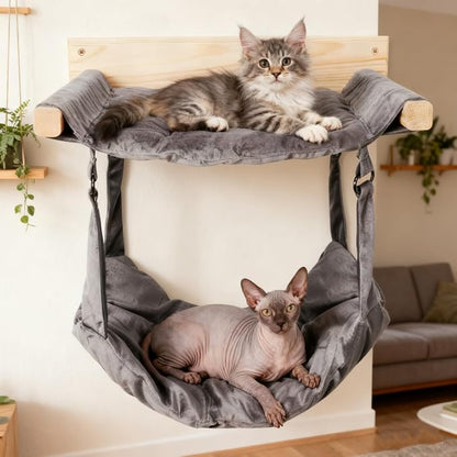 JSPYFITS Wooden Cat Furniture Wall Mounted, Double Layer Hammock, Large Size 18.9″ Removable Multi-Function Cat Bed for Sleep/Play/Climb, Kitten Window Perch, Easy DIY Installation(Grey)