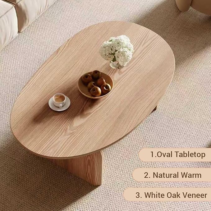 Honyee Modern Oval Coffee Table, Small Coffee Tables for Living Room - Oak Wood Top with Solid Legs, Wooden Center Table Easy Assembly for Living Room &Bedroom,Office, Natural