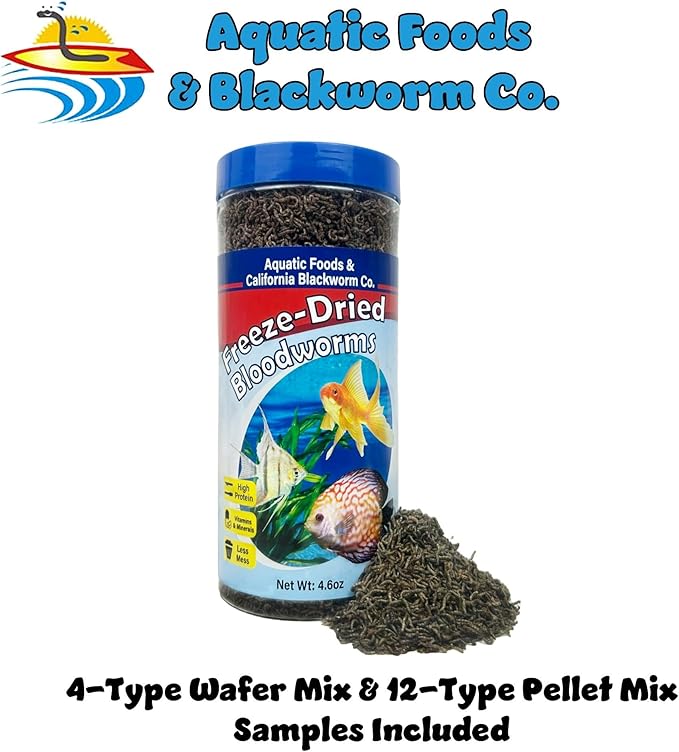 Aquatic Foods Inc. Bloodworms, Grade A Freeze Dried Floating Bloodworms for Cichlids, Discus, Goldfish, Bettas, Angel Fish, Marine Fish, 12-Type Pellet Mix & 4-Type Wafer Mix Included..4.6oz Canister