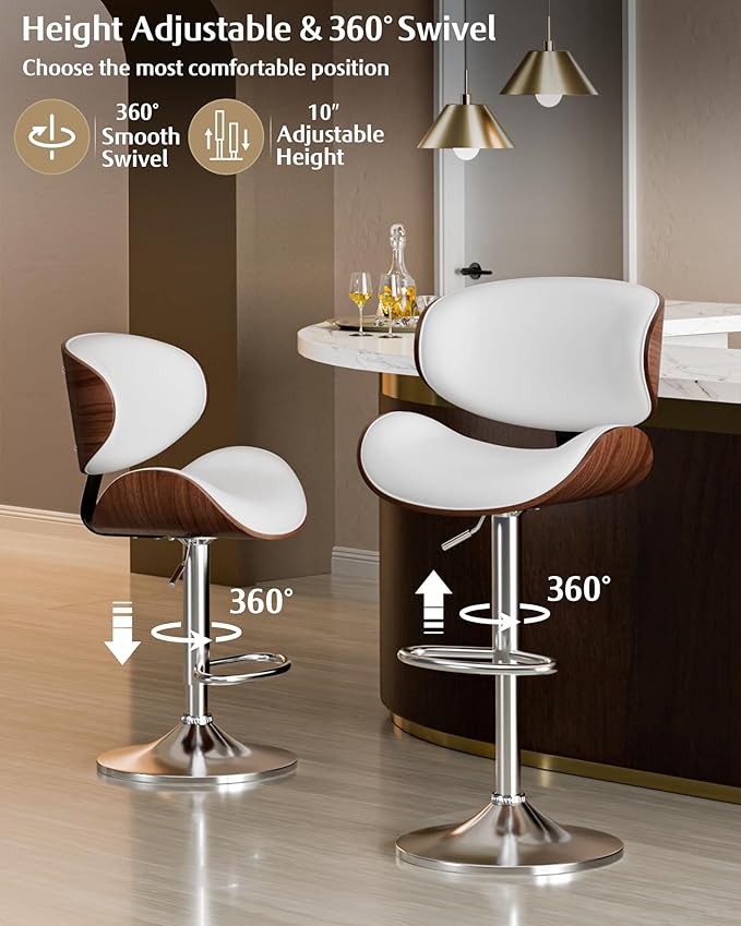 Aowos Bar Stools, Adjustable Swivel Leather Bar Stools for Kitchen Island, Mid Century Modern Counter Height Bar Chairs Barstools with Back & Footrest (White 1PCS)