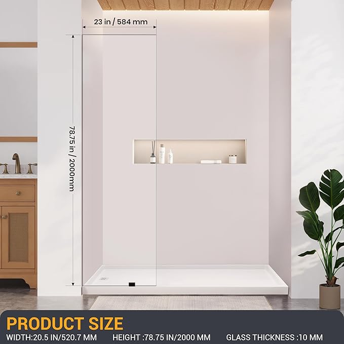 23" W×78.75" H Shower Glass Panel, Fixed Frameless Shower Screen