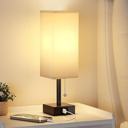 Gray Small Bedroom Lamp - 3 Color Temperature 3000K 5000K 4000K Bedside Lamp, Pull Chain Control, USB A and C Charging Ports, Black Base, for Kids Office Dorm, Bulb Included