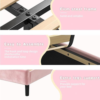 EnHomee Twin Bed Frame with Velvet Cloud Headboard, Storage Drawer and LED, Headboard Height Adjustable, Strong Support, No Box Spring Needed, Easy Assembly, Pink