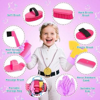 deAO Horse Grooming Brush Kit 12Pcs Horse Tack with Tote Bag,Care Tool,Pink | Realistic Horse Cleaning Playset,Includes Gloves,Tail Comb,Body Brush,Gift for Horse Riders Beginners for Boys Girls Ages3+