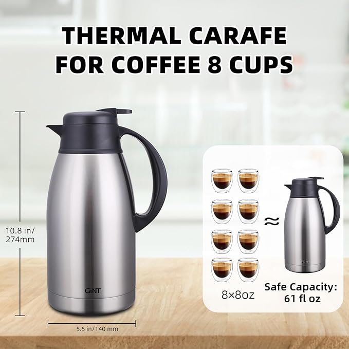 GiNT Stainless Steel Thermal Coffee Carafe, Double Walled Vacuum Water and