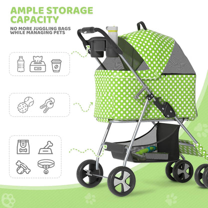 Magshion Foldable Pet Stroller, 3-in-1 Dog Travel Jogger with Detachable Carrier, Cup Holder, Storage Basket, Folding Carrier for Small/Medium Dogs & Cats Up to 33 lbs, Lawn Green Polka Dots