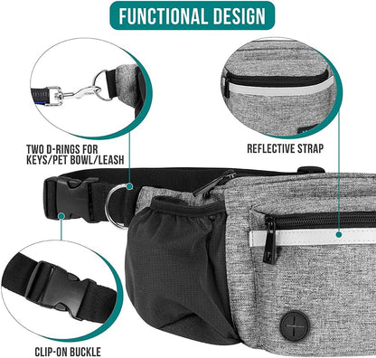 PetAmi Dog Fanny Pack, Treat Pouch for Dog Walking, Training, Built in Poop Bag Dispenser, Water Bottle Holder, Collapsible Bowl, Pet Treat Waist Belt for Hiking, Running, Kibbles (Grey)