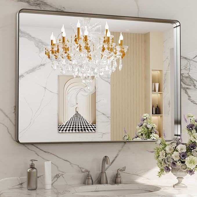 LOAAO 40X30 Inch Brushed Nickel Bathroom Mirror, Rounded Rectangle Silver Metal