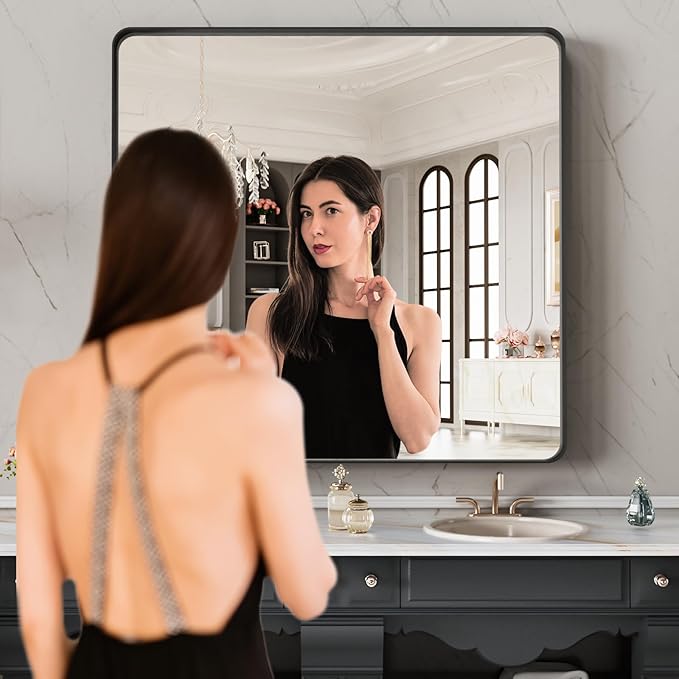 LOAAO 28X32 Inch Black Metal Framed Bathroom Mirror