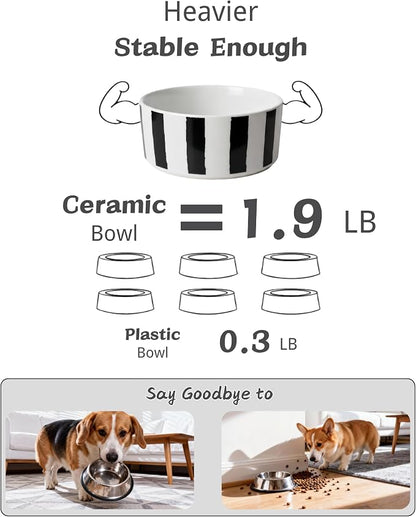 TRUVIC Ceramic Dog Bowl with Wood Stand, Black and White Striped Dog Food and Water Bowl, 2 Cup/14 oz Elevated Puppy Food Bowl for Medium Dogs, Dishwasher Safe, Modern Geometric, Striped