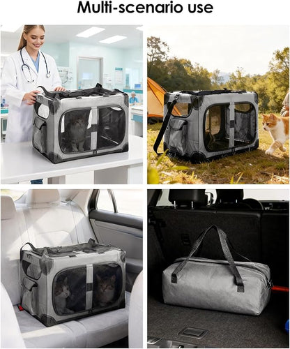 Extra Large 2-Cat Foldable Pet Travel Carrier,24"x17"x17",Gray | Removable Divider, Metal Frame Support, Breathable Mesh Panels, With Storage Tote & Padded Straps
