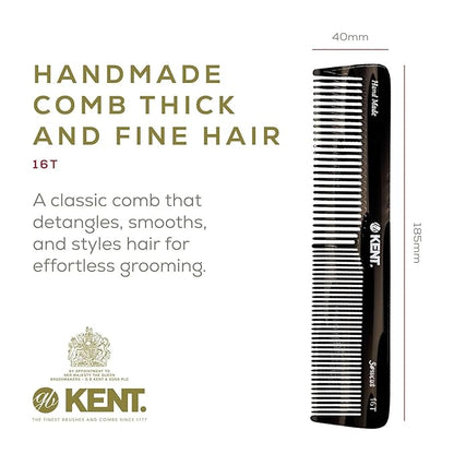 Kent 16T Fine and Wide Tooth for Daily Grooming,Handmade Styling Comb for All Hair Types,Wet or Dry Hair Detangling Comb for Men and Women,Saw Cut Hand Polished, Made in England Graphite