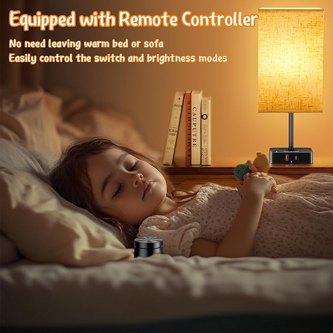 Bedroom Table Lamp with Remote Operation Control,Dimmable Bedside Table Desk Lamps with USB C+A Charging Ports 2 AC Outlets,Nightstand Lamp Flaxen Shade Lamp for Living Room,Dorm,Home Office,Decor