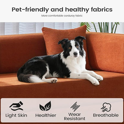 Folding Sofa Bed Convertable Corduroy Couch King Size Floor Sleeper 4-in-1 DIY Combination Modular Sofa Fold Out Futon Lounge Comfy Foldable Lazy cama for Living Room (Orange, 80.15")